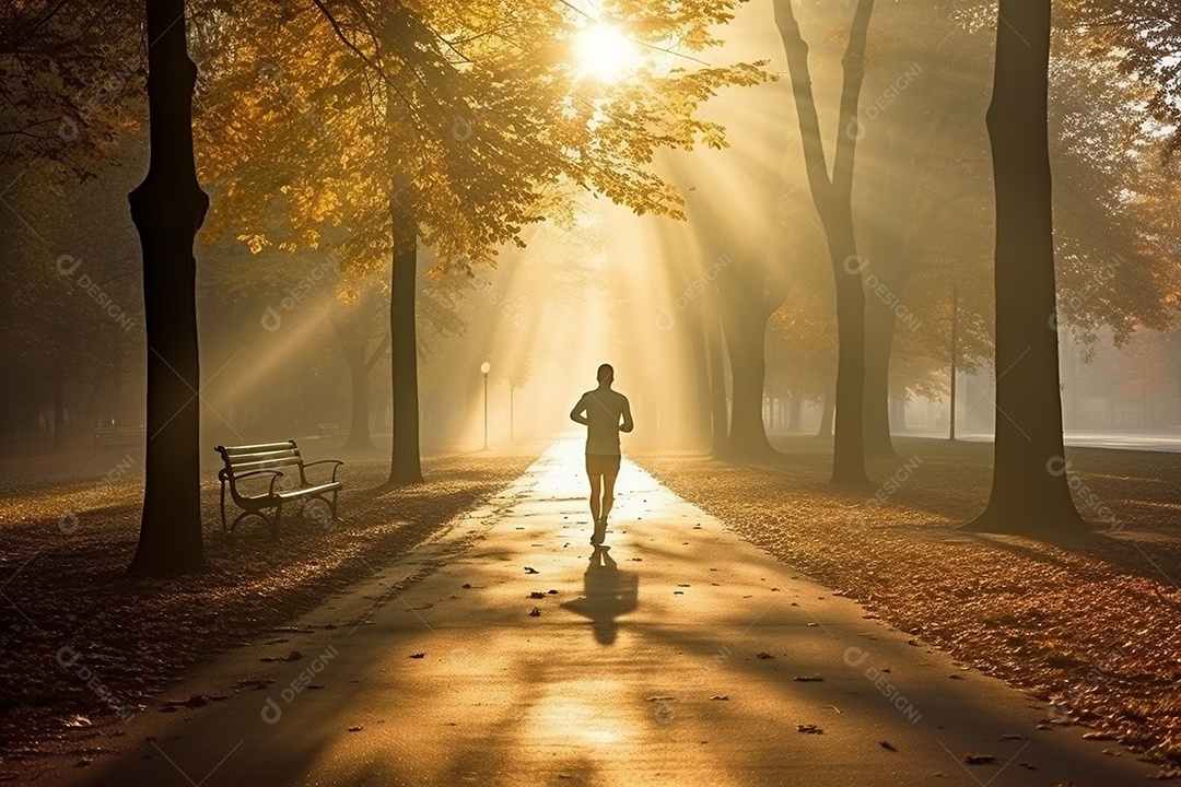 Um corredor correndo continuamente por um parque matinal enevoado