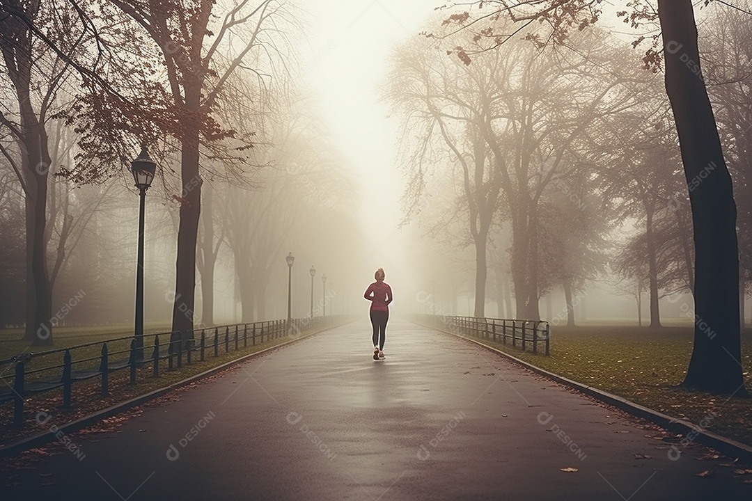 Um corredor correndo continuamente por um parque matinal enevoado