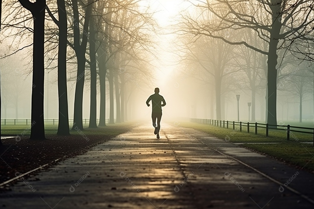 Um corredor correndo continuamente por um parque matinal enevoado
