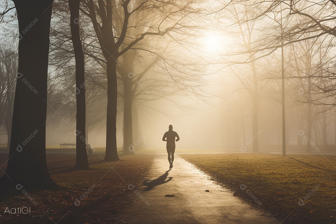 Um corredor correndo continuamente por um parque matinal enevoado