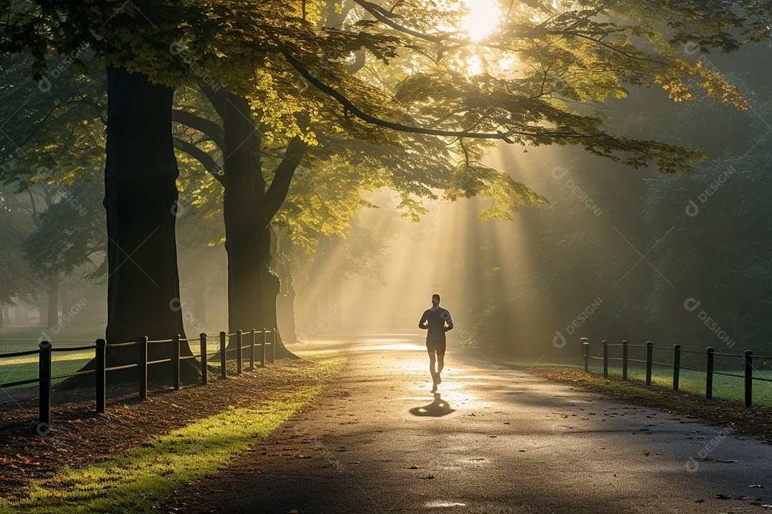 Um corredor correndo continuamente por um parque matinal enevoado