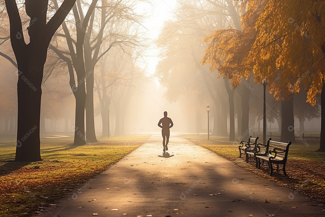 Um corredor correndo continuamente por um parque matinal enevoado