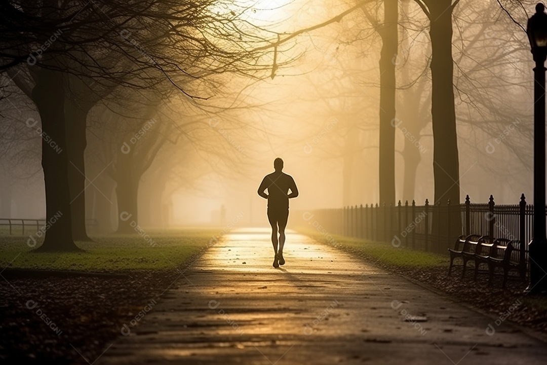 Um corredor correndo continuamente por um parque matinal enevoado