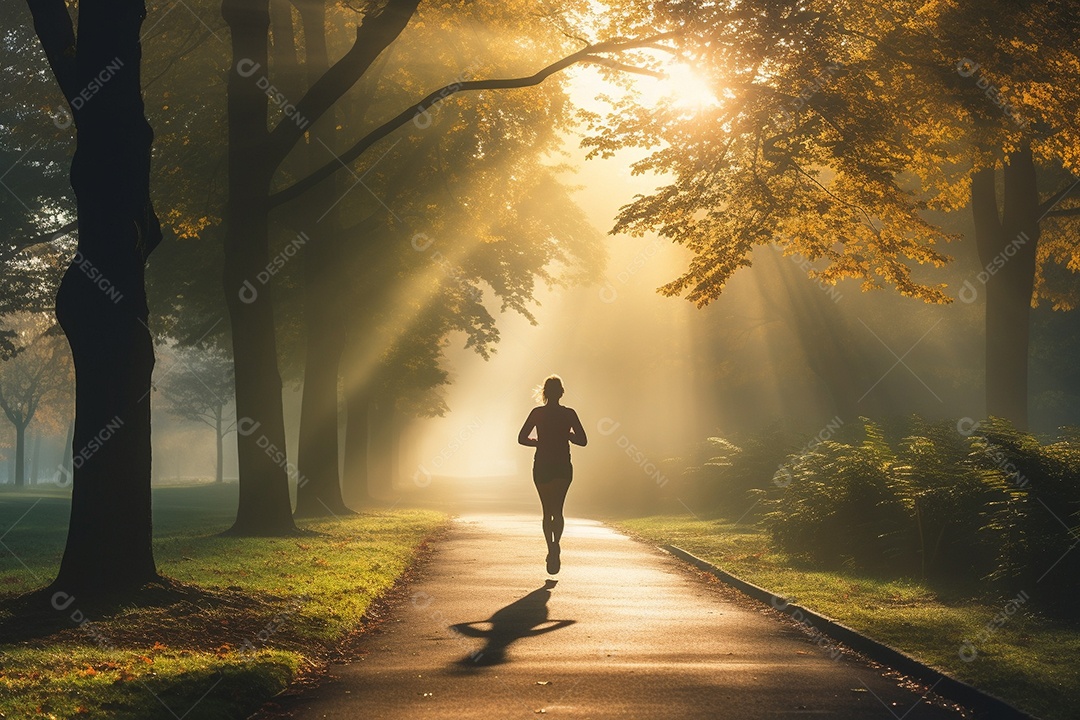 Um corredor correndo continuamente por um parque matinal enevoado