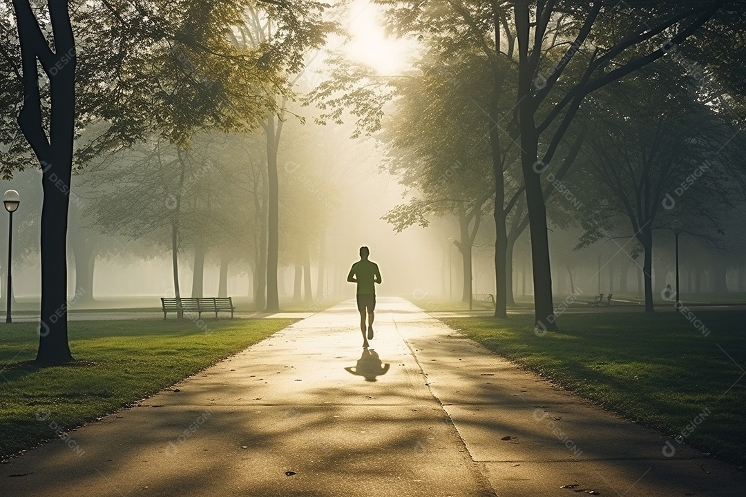 Um corredor correndo continuamente por um parque matinal enevoado