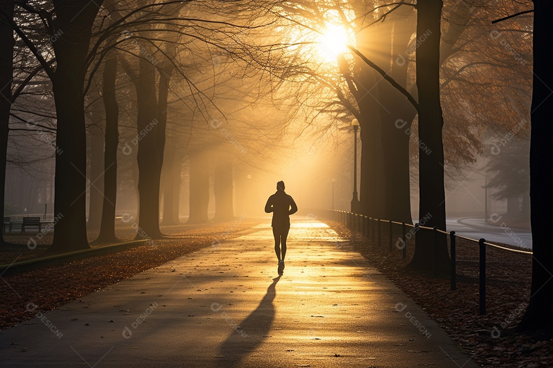 Um corredor correndo continuamente por um parque matinal enevoado