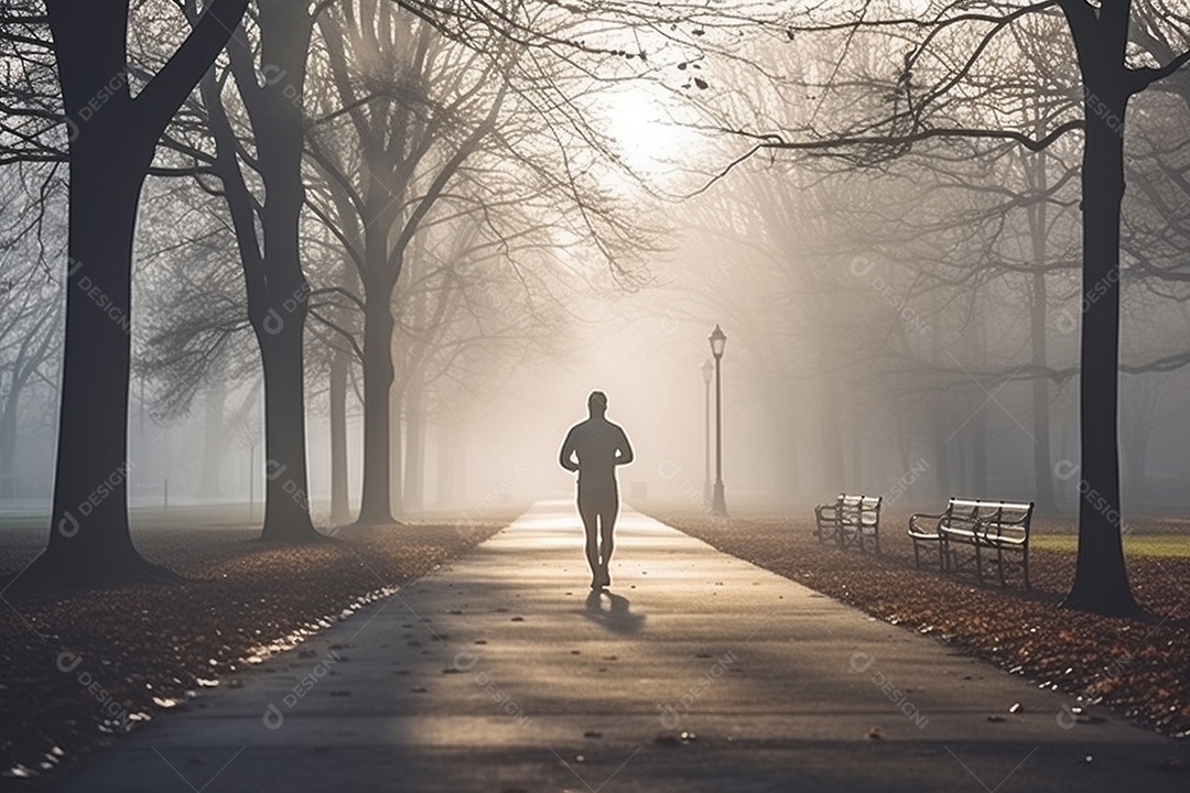 Um corredor correndo continuamente por um parque matinal enevoado