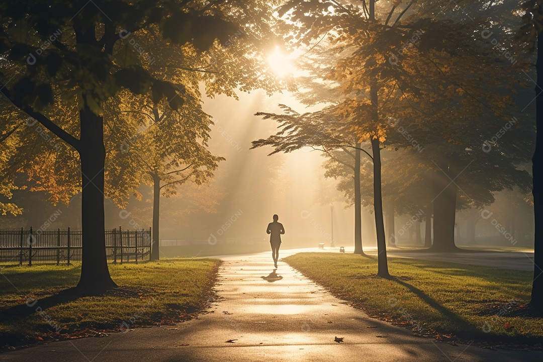 Um corredor correndo continuamente por um parque matinal enevoado