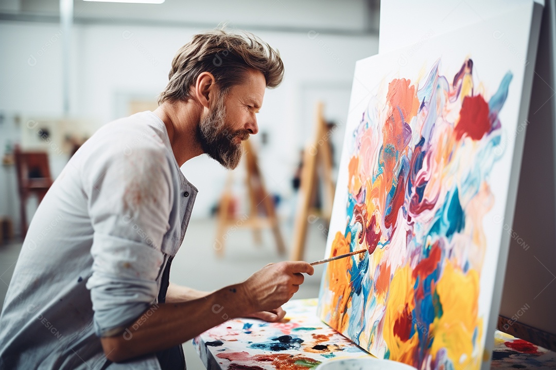Um homem pintando uma tela abstrata