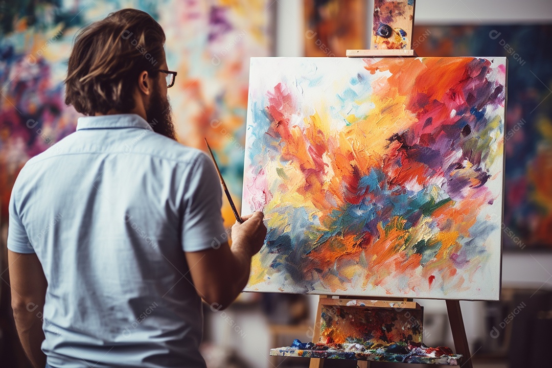 Um homem pintando uma tela abstrata