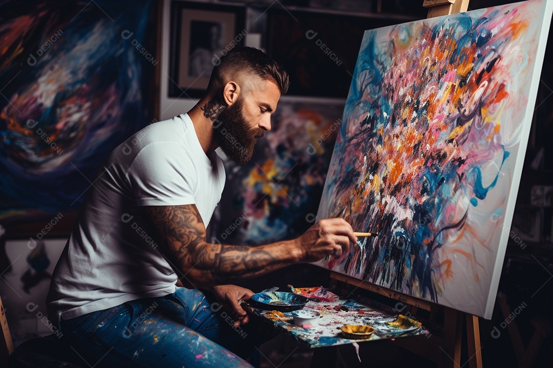 Um homem sentado pintando uma tela abstrata