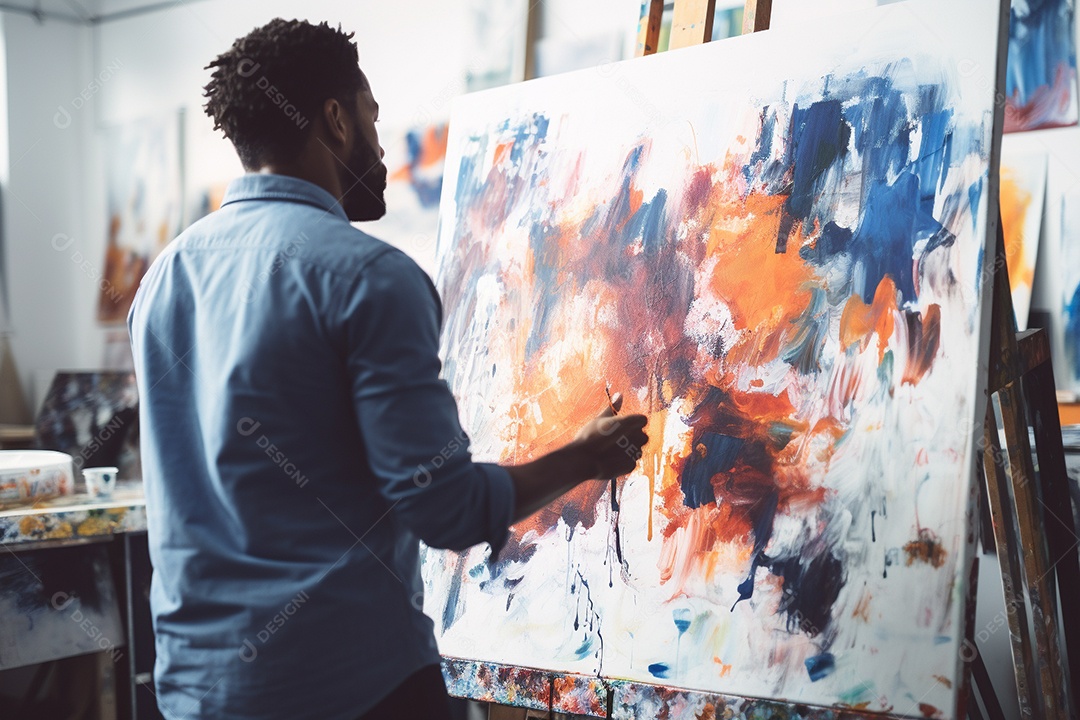 Um homem pintando uma tela abstrata