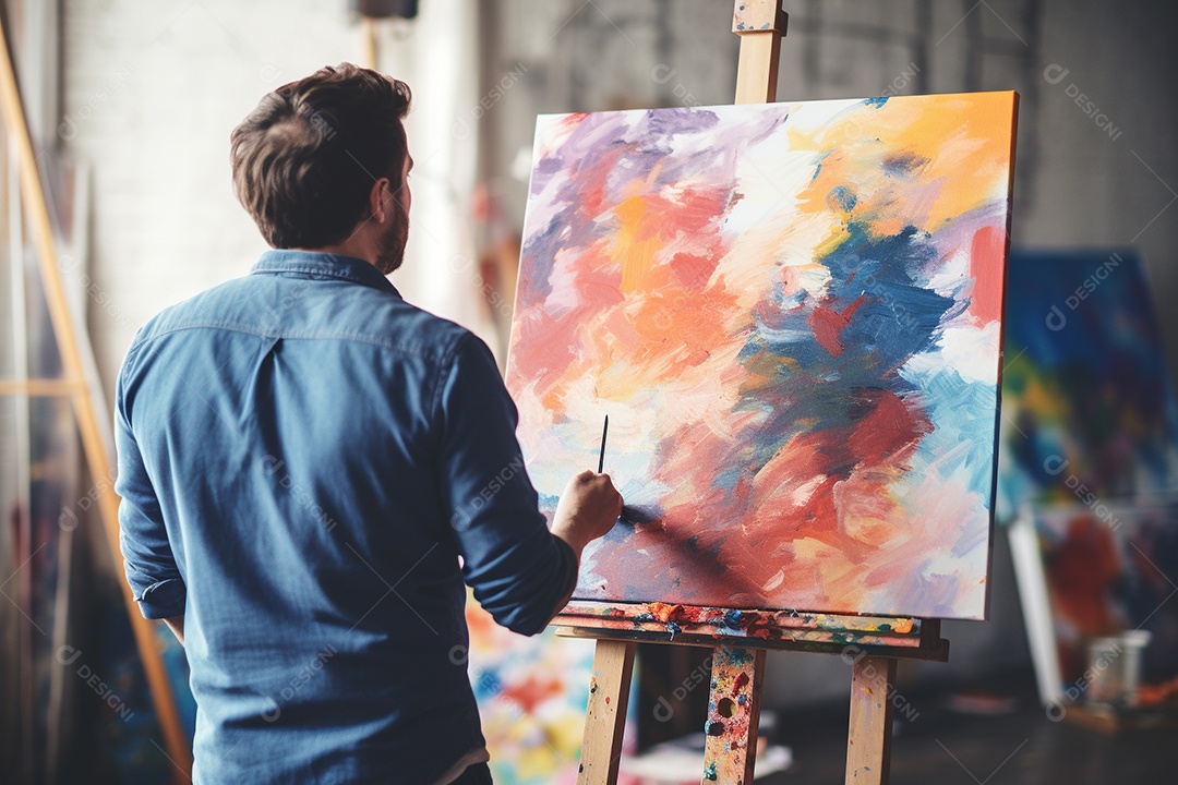 Um homem pintando uma tela abstrata