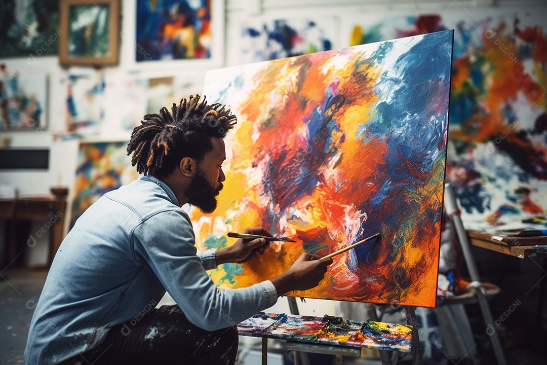 Um homem pintando uma tela abstrata