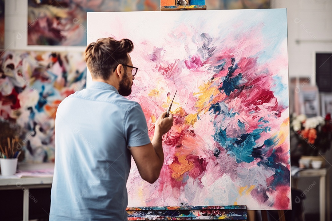 Um homem pintando uma tela abstrata