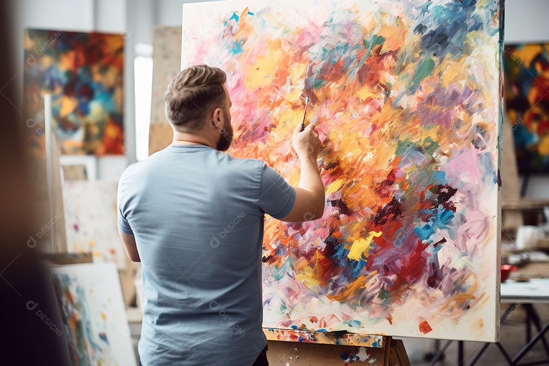 Um homem pintando uma tela abstrata