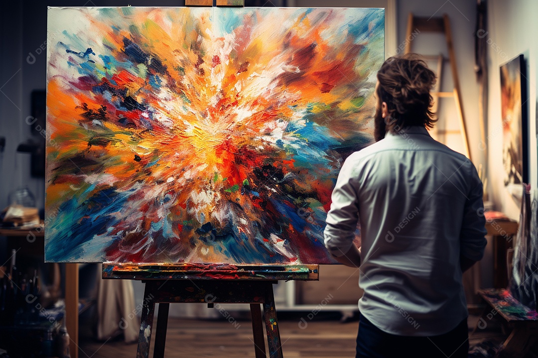 Um homem pintando uma tela abstrata