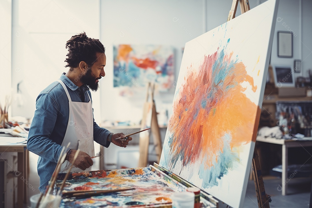 Um homem pintando uma tela abstrata