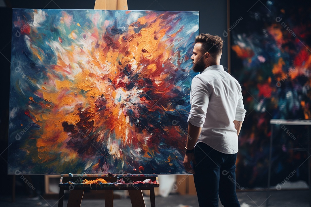 Um homem pintando uma tela abstrata