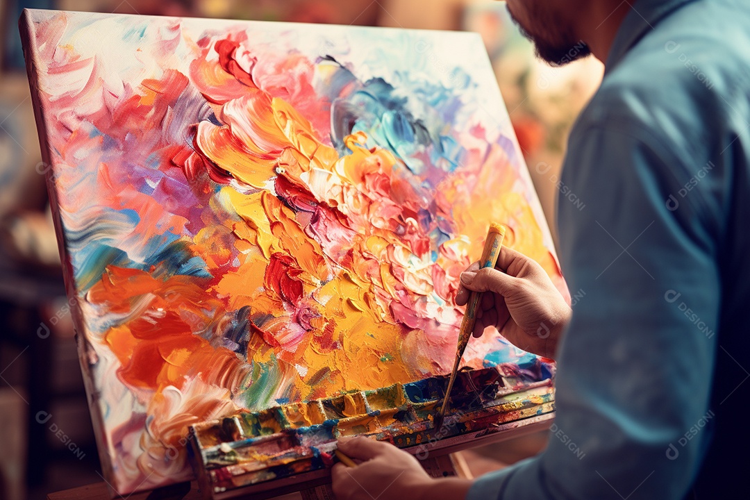 Um homem pintando uma tela abstrata