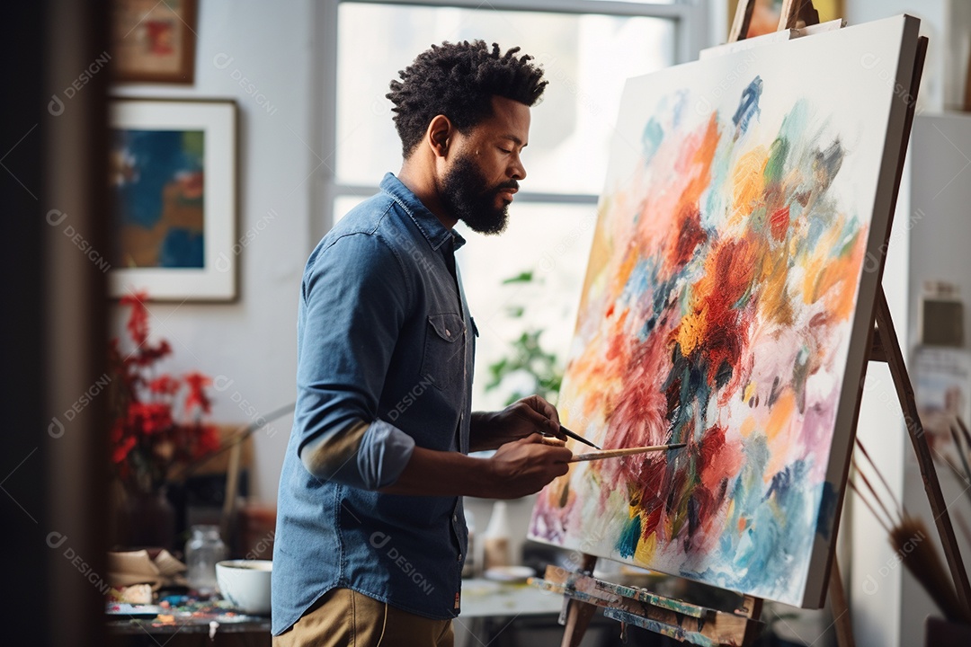 Um homem pintando uma tela abstrata