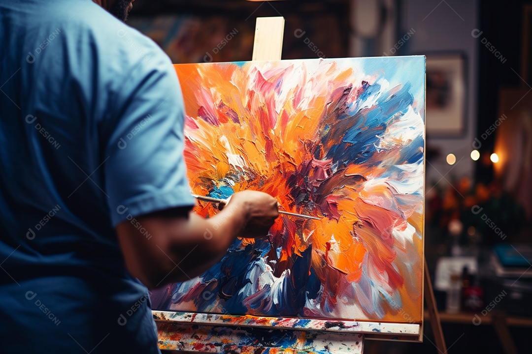 Um homem pintando uma tela abstrata