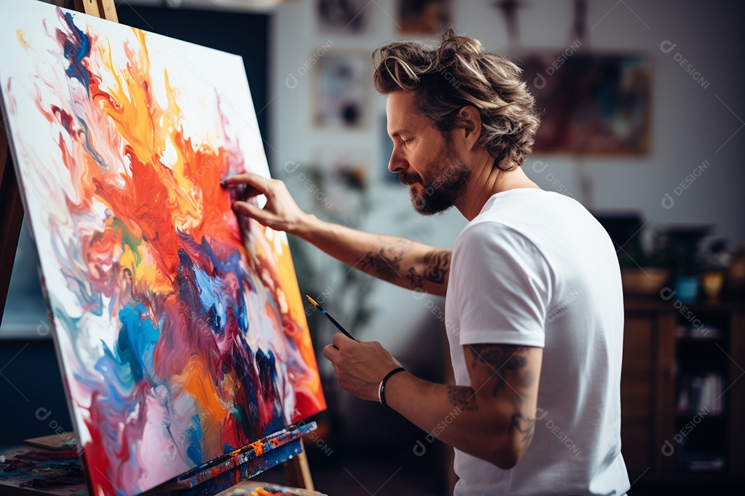 Um homem pintando uma tela abstrata