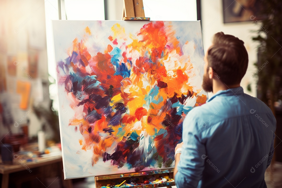 Um homem pintando uma tela abstrata
