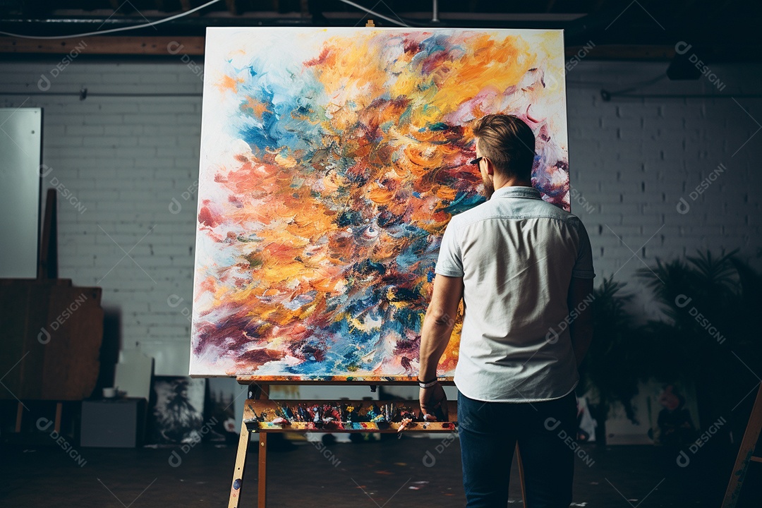 Um homem pintando uma tela abstrata