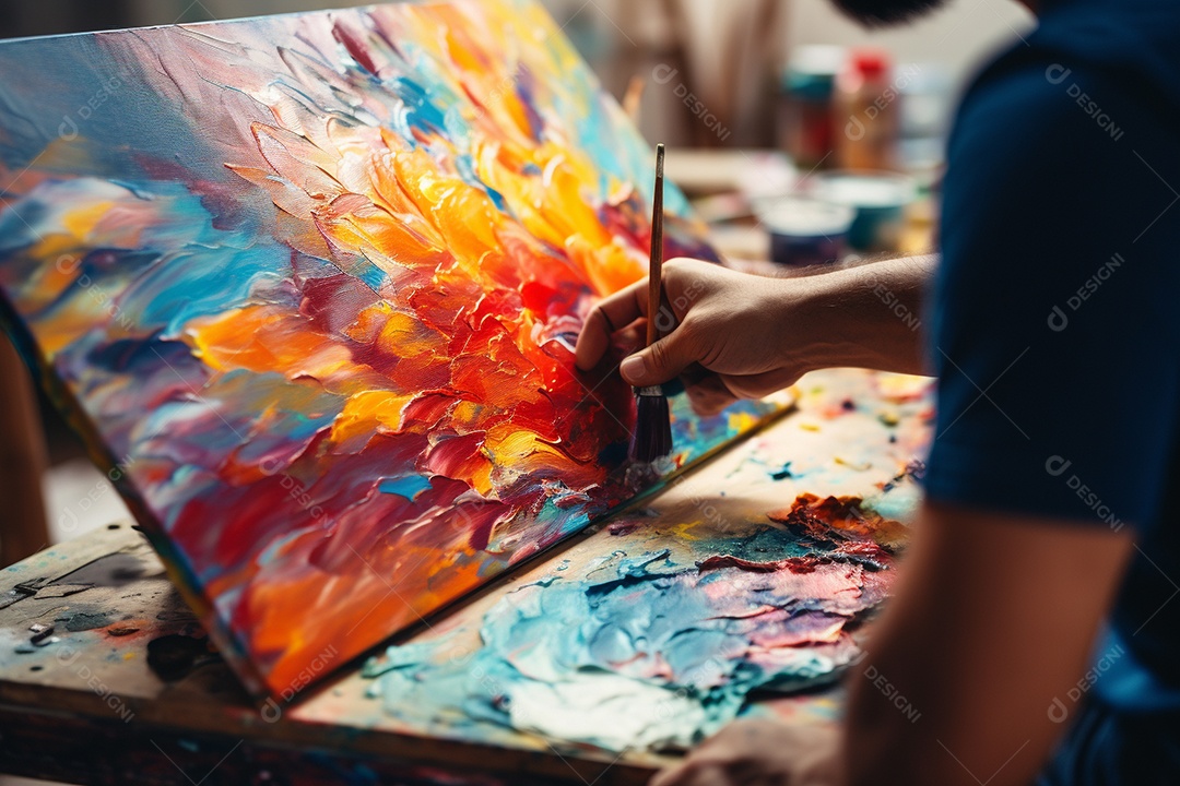 Um homem pintando uma tela abstrata