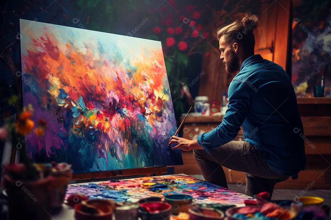 Um homem pintando uma tela abstrata