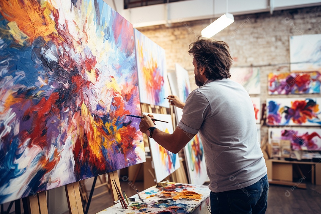 Um homem pintando uma tela abstrata