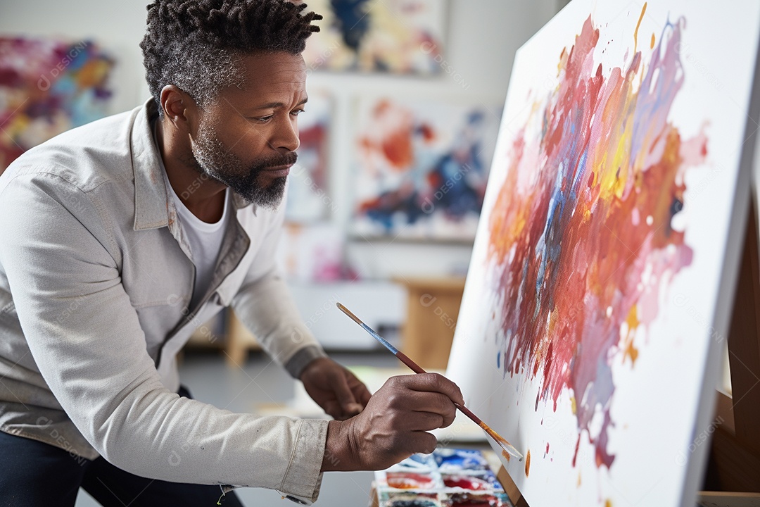 Um homem pintando uma tela abstrata