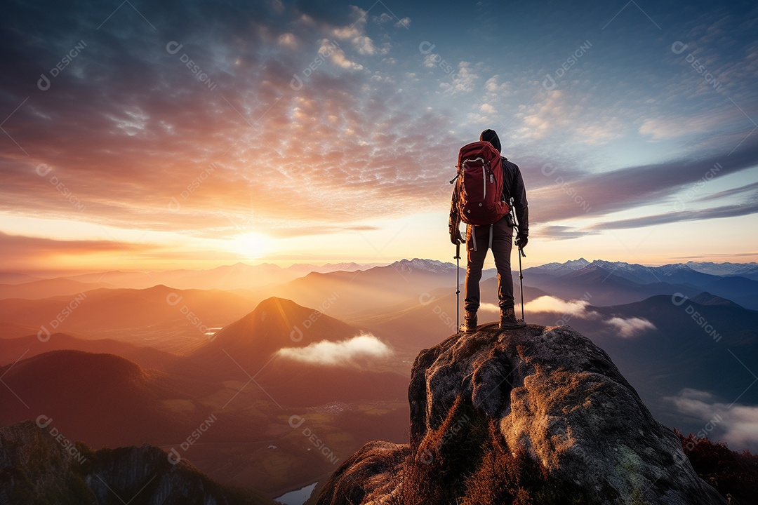 Um alpinista chegando ao cume com vista para uma paisagem deslumbrante ao nascer do sol