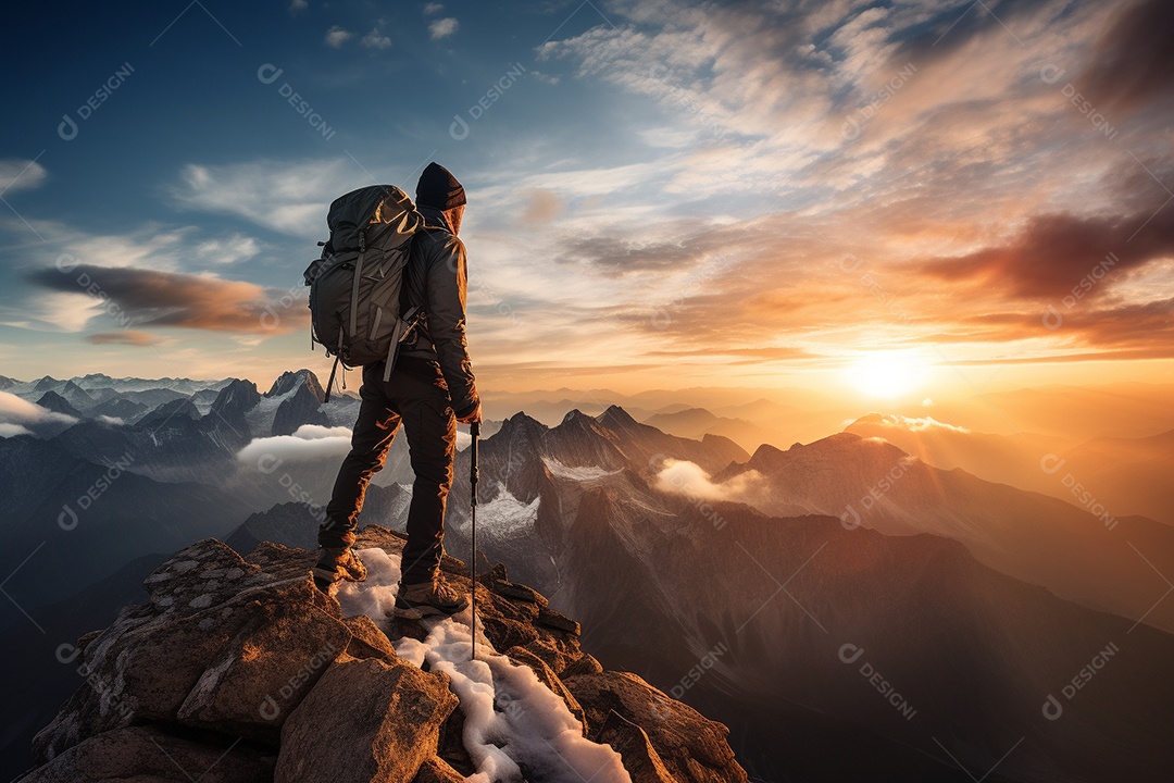 Um alpinista chegando ao cume com vista para uma paisagem deslumbrante ao nascer do sol