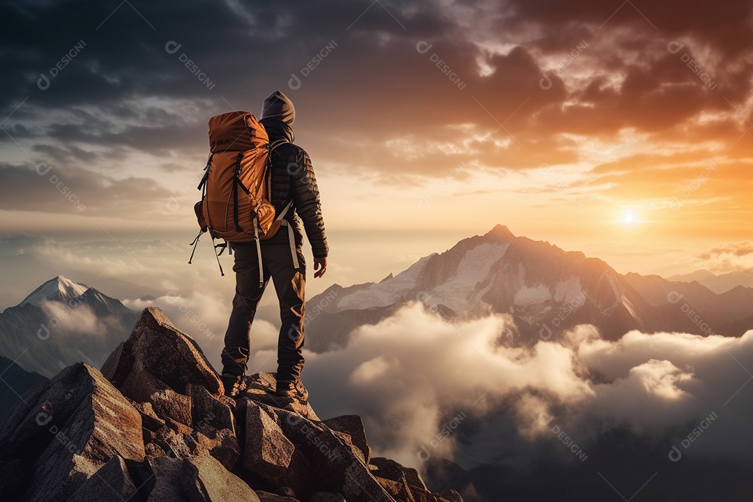 Um alpinista chegando ao cume com vista para uma paisagem deslumbrante ao nascer do sol