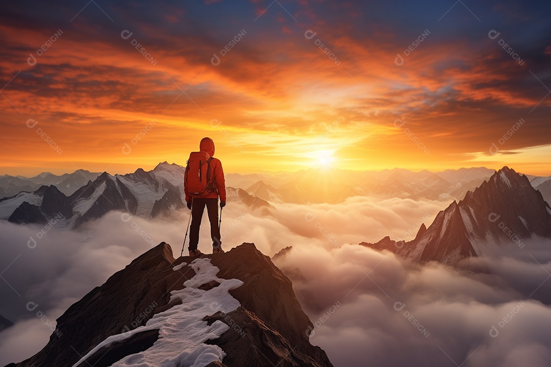 Um alpinista chegando ao cume com vista para uma paisagem deslumbrante ao nascer do sol