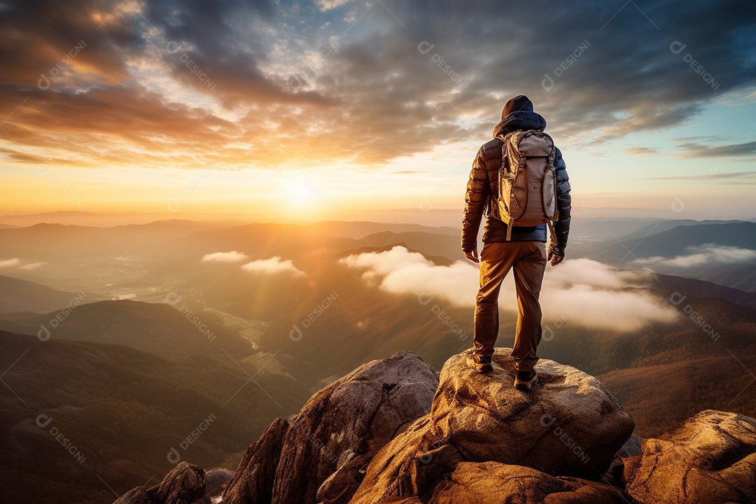 Um alpinista chegando ao cume com vista para uma paisagem deslumbrante ao nascer do sol