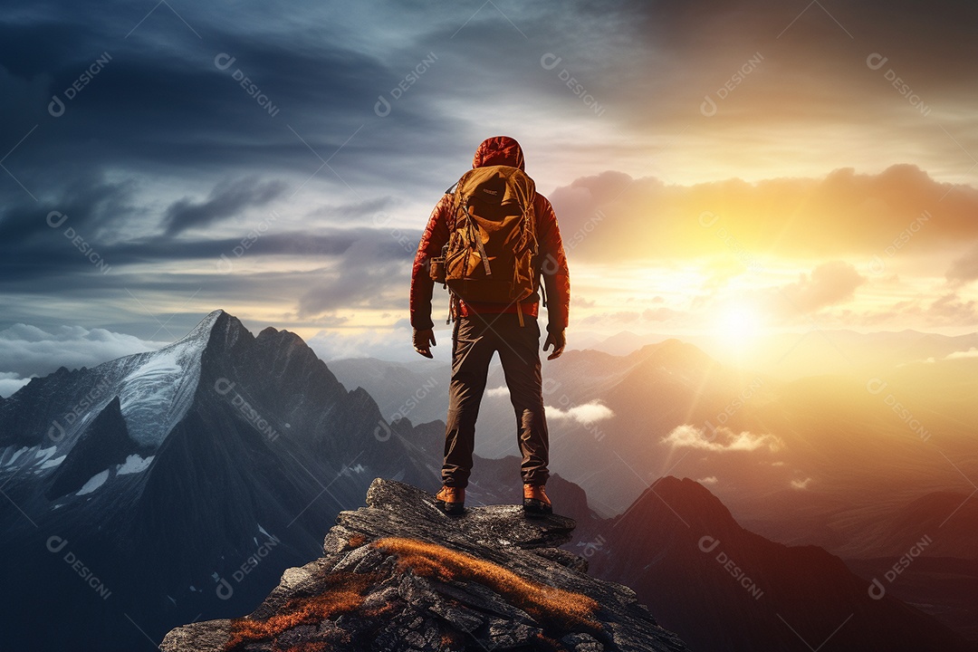 Um alpinista chegando ao cume com vista para uma paisagem deslumbrante ao nascer do sol
