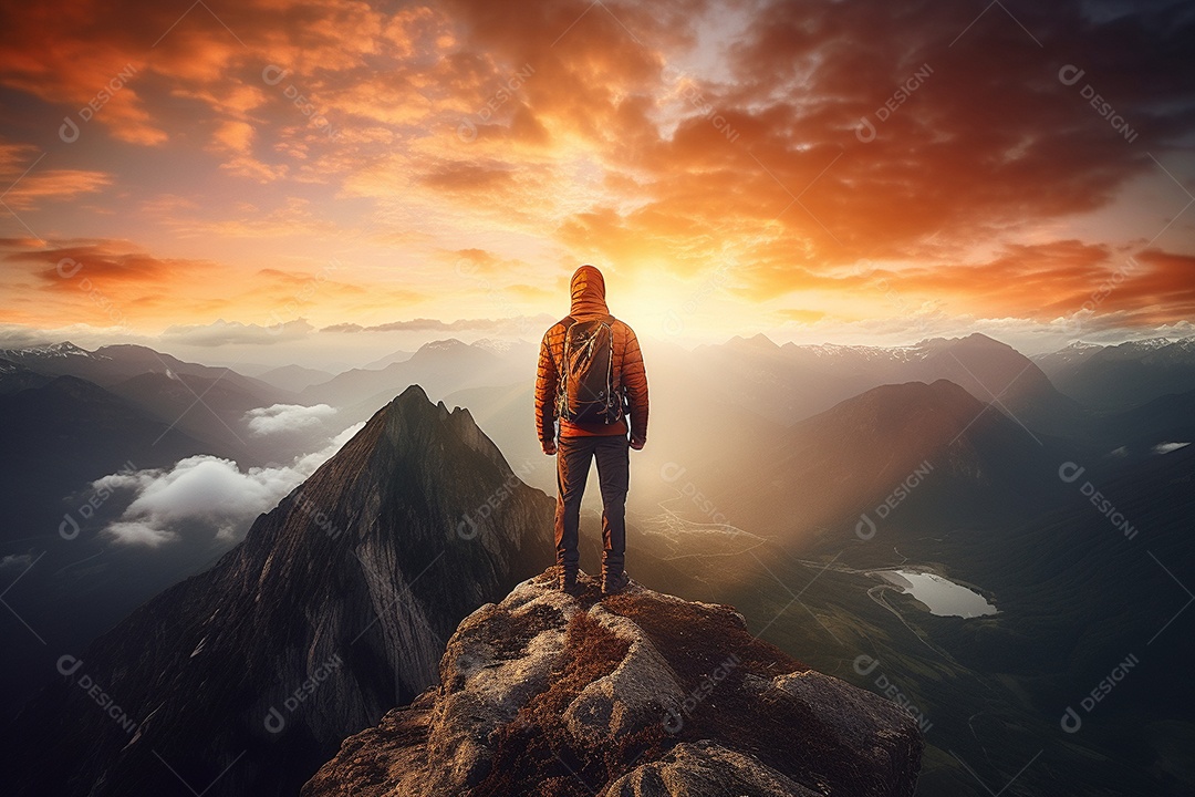 Um alpinista chegando ao cume com vista para uma paisagem deslumbrante ao nascer do sol