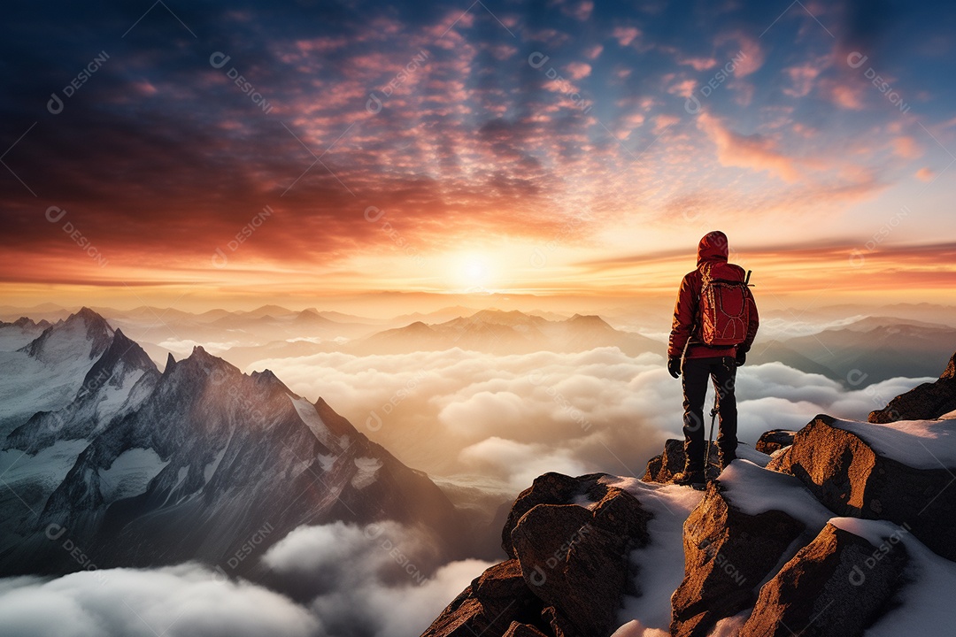 Um alpinista chegando ao cume com vista para uma paisagem deslumbrante ao nascer do sol