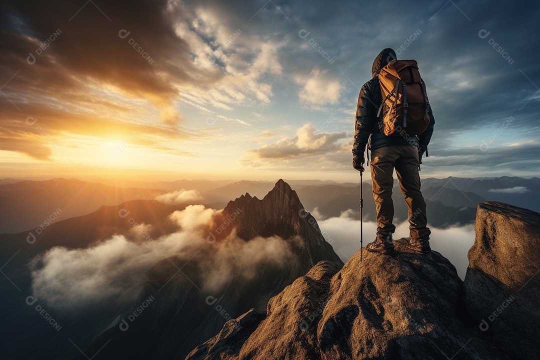Um alpinista chegando ao cume com vista para uma paisagem deslumbrante ao nascer do sol