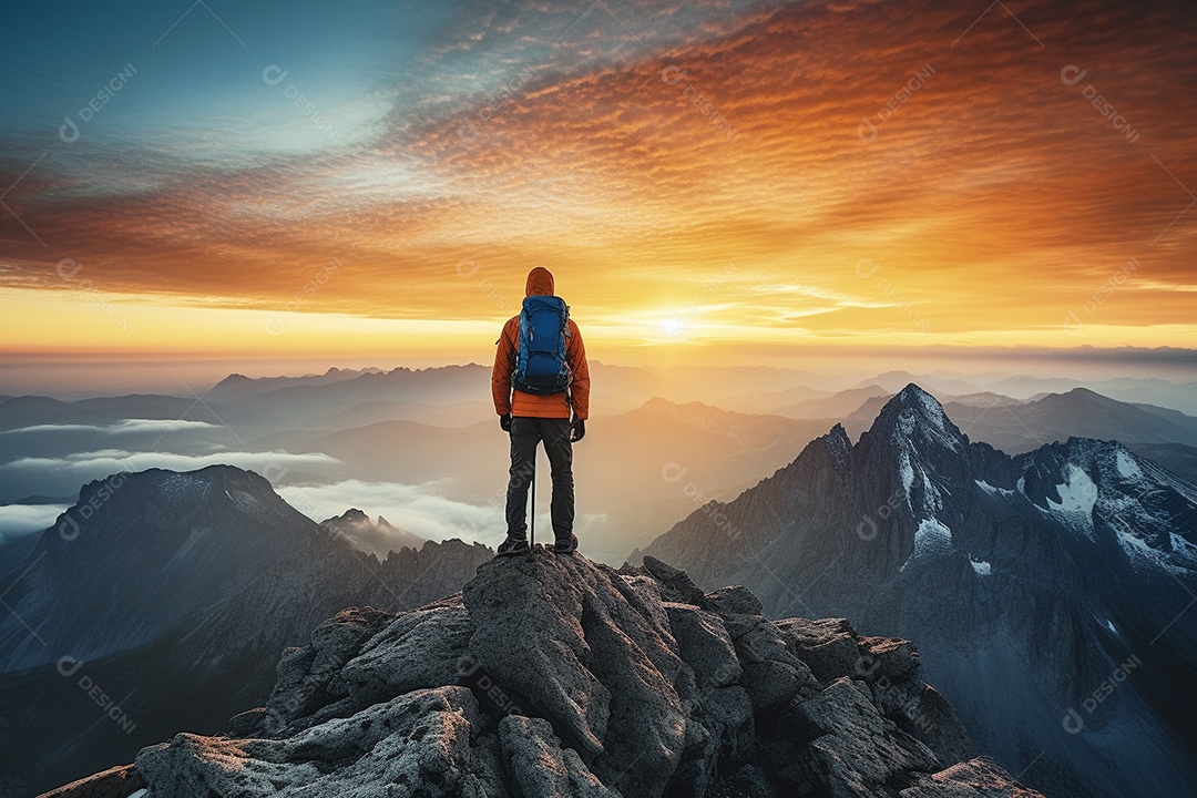 Um alpinista chegando ao cume com vista para uma paisagem deslumbrante ao nascer do sol