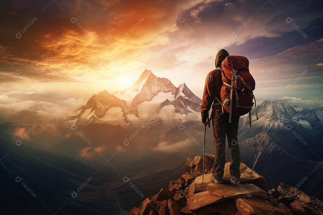 Um alpinista chegando ao cume com vista para uma paisagem deslumbrante ao nascer do sol