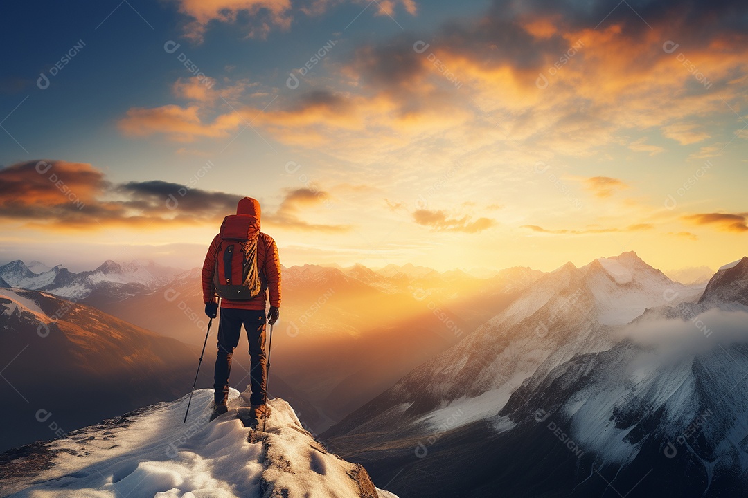 Um alpinista chegando ao cume com vista para uma paisagem deslumbrante ao nascer do sol