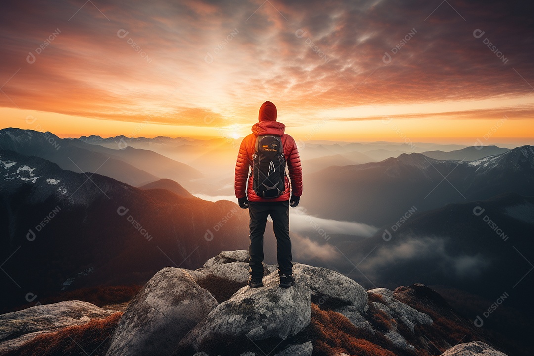 Um alpinista chegando ao cume com vista para uma paisagem deslumbrante ao nascer do sol