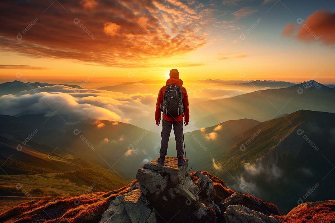 Um alpinista chegando ao cume com vista para uma paisagem deslumbrante ao nascer do sol