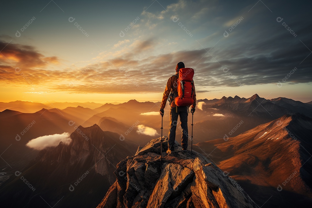 Um alpinista chegando ao cume com vista para uma paisagem deslumbrante ao nascer do sol