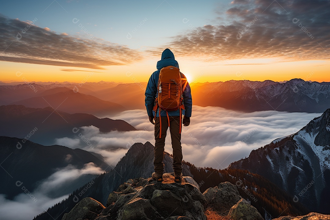 Um alpinista chegando ao cume com vista para uma paisagem deslumbrante ao nascer do sol