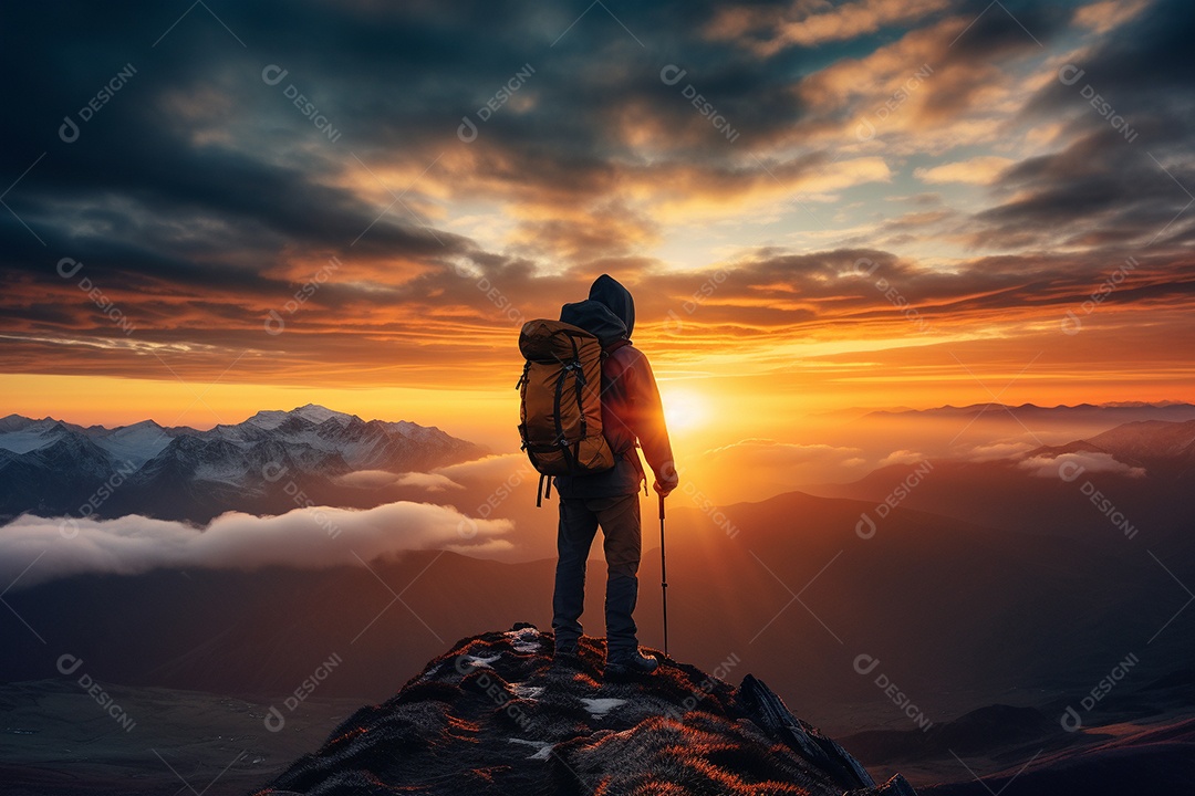 Um alpinista chegando ao cume com vista para uma paisagem deslumbrante ao nascer do sol